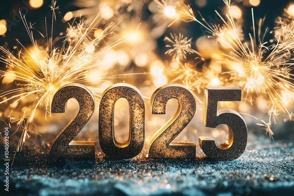 Fototapeta celebrate 2025 fireworks with glittering numbers against sparkling bokeh background, new years eve, closeup, photorealistic