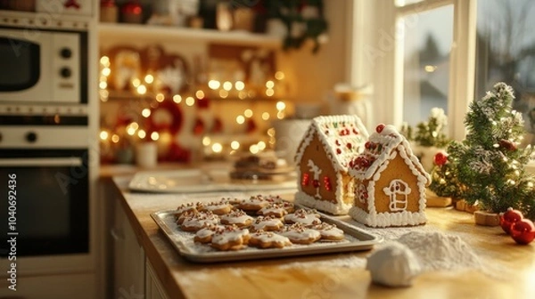 Fototapeta Decorated gingerbread houses and cookies alongside a Christmas tree, creating a warm holiday atmosphere.
