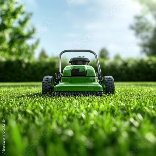Fototapeta Lawn mower on lush green grass under a clear blue sky.