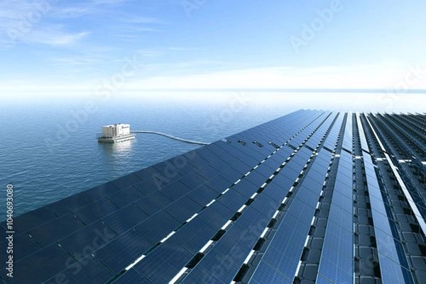 Obraz Floating Solar Panel Array on Ocean Harnessing Renewable Energy Resources