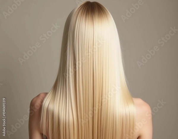 Obraz Smooth, straight blond hair flows elegantly down back, highlighting its healthy shine and uniform color, illuminated by soft lighting, creating striking look. Hair care, the effect of cosmetics. AI