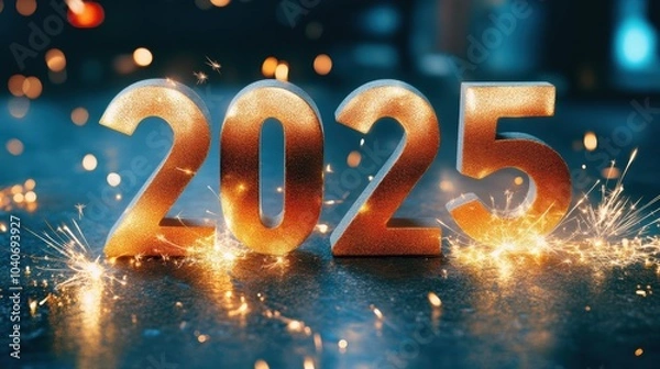 Fototapeta Sparkling numbers 2025 with fireworks and glitter on a dark background,
