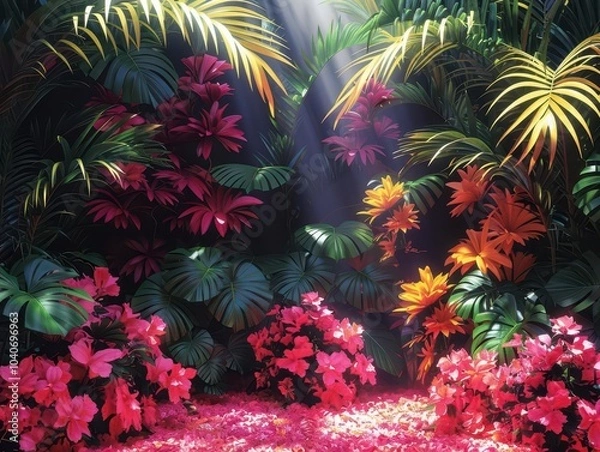 Fototapeta Tropical rainforest, vibrant colors, lush greenery, serene environment, inviting