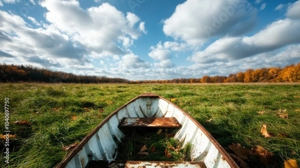 Fototapeta A rusty old boat is oddly placed in the middle of a grassy field, with a backdrop of a serene blue sky and fluffy clouds, creating an intriguing contrast.