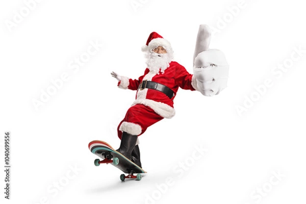 Fototapeta Santa claus riding a skateboard and gesturing thumbs up
