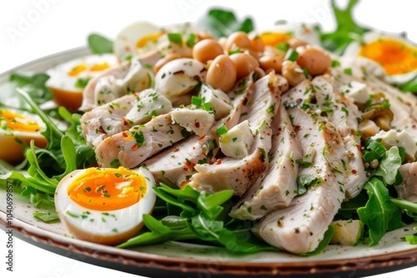 Fototapeta Chicken Mayonnaise Salad with Sliced Poultry Meat, Quail Eggs, Greens, Olivier Salat with Sliced Meat
