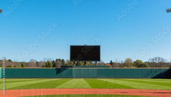 Fototapeta Empty baseball field with scoreboard against blue sky