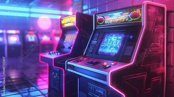 Fototapeta A retro arcade with brightly lit arcade cabinets, showcasing classic arcade games