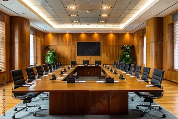 Obraz A conference room with a long table and chairs