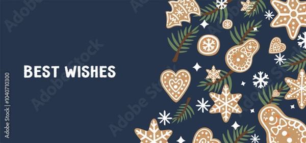 Fototapeta Editable Christmas banner template featuring gingerbread cookies, fir branches, stars, and snowflakes.