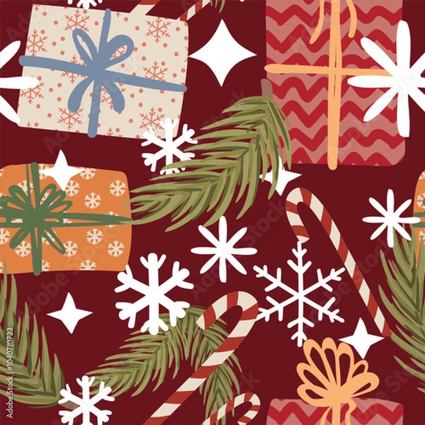 Fototapeta New Year and Christmas pattern: a vector template featuring cute gifts, snowflakes, candy canes, and fir branches for design.