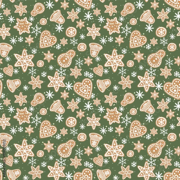 Fototapeta New Year and Christmas pattern: a vector template featuring adorable gingerbread cookies and snowflakes for design purposes.