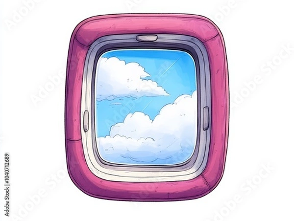 Fototapeta Airplane window view with fluffy clouds and blue sky, white isolated background.