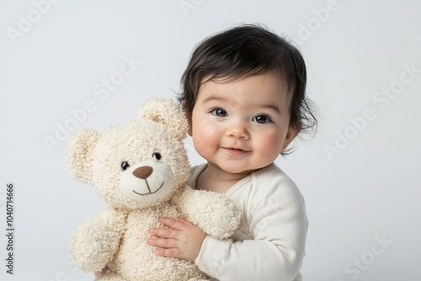 Fototapeta Smiling baby hugging a plush teddy bear against a white background