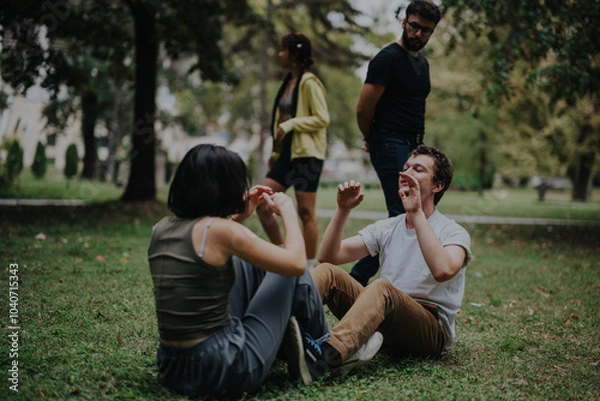 Fototapeta A lively scene of students participating in an outdoor fitness class, guided by their professor. The background features lush greenery, emphasizing the natural setting. Students appear engaged in the