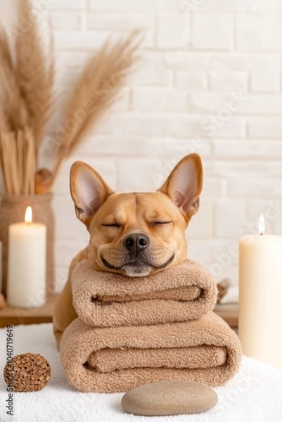 Fototapeta A relaxed dog resting on stacked towels, surrounded by candles and decorative elements, exuding a cozy and serene ambiance.