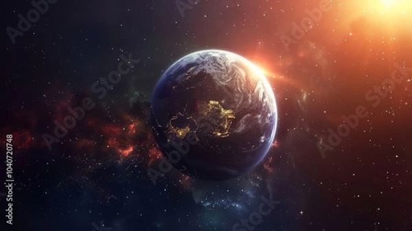 Fototapeta A breathtaking view of Earth from space, illuminated by the sun's rays and surrounded by a vast expanse of twinkling stars.