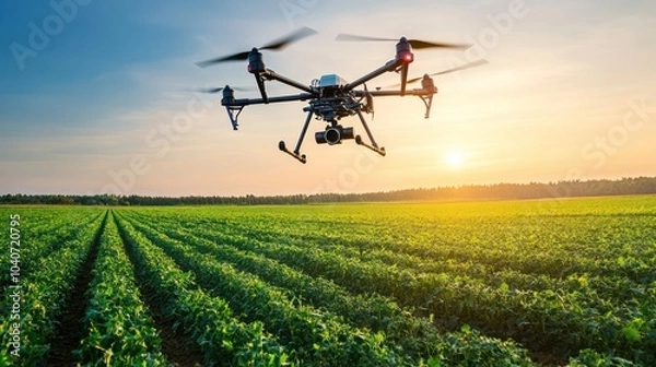 Fototapeta Smart farming drone flying over a large field monitoring crops with advanced sensors