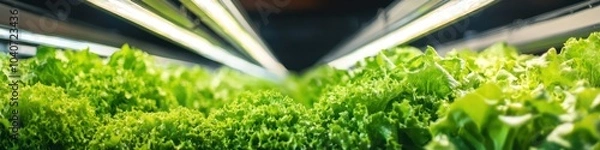 Fototapeta Vertical farming system growing lettuce with automated lighting and watering systems