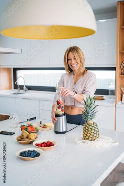 Obraz Smiling Woman Blending Fruits for a Smoothie in Organized Kitchen