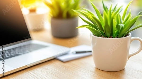 Fototapeta Potted succulent on a wooden desk beside a laptop in a sunlit office setting, AI