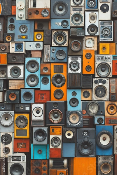 Fototapeta pattern of different retro and vintage speakers and subwoofers, music wall, sound equipment, system, boxes, loudspeakers, photorealistic