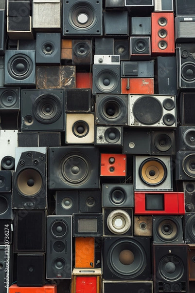 Fototapeta pattern of different used and vintage speakers and subwoofers, music wall, sound equipment, black, boxes, loudspeakers, rave, techno, goa, trance, edm, photorealistic