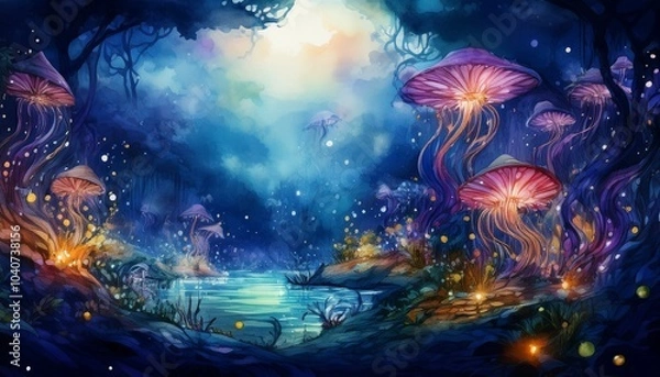 Fototapeta A surreal scene featuring strange creatures inhabiting the deep sea