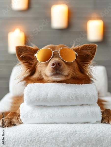 Fototapeta A relaxed dog wearing sunglasses on a stack of towels, surrounded by warm candlelight, embodies a pampered lifestyle.