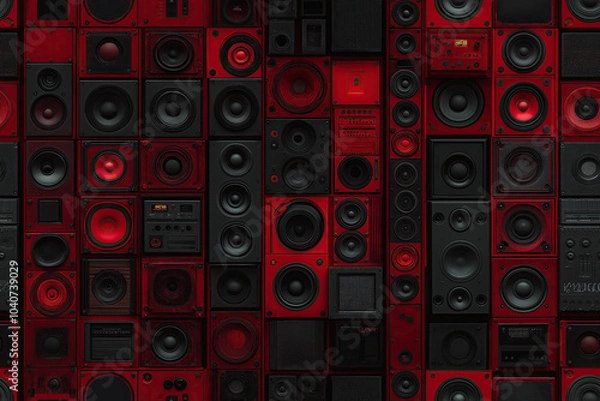 Fototapeta pattern of different used and vintage speakers and subwoofers in dark red, music wall, sound equipment, black, boxes, loudspeakers, photorealistic, TILE