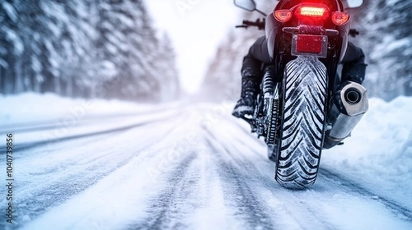 Fototapeta motorcycle journey on snowy road, rear view with tire tracks