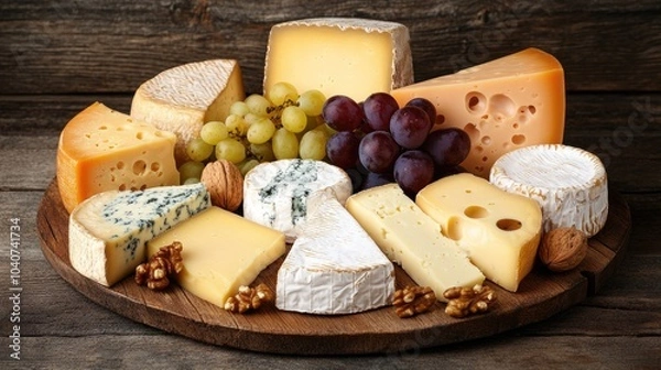 Obraz Assorted Cheeses on Wooden Board with Grapes and Nuts