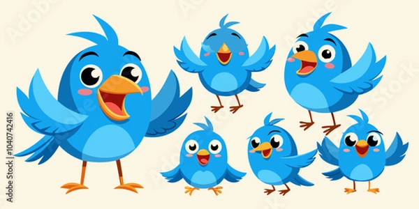 Fototapeta A collection of cute blue cartoon birds displaying various emotions and expressions.
