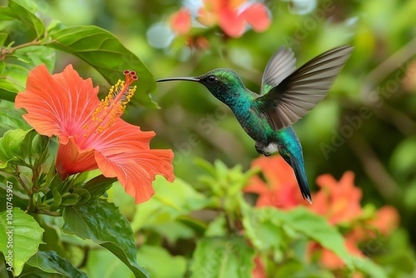 Fototapeta A Colorful Hummingbird in Flight, Sipping Nectar From a Bright Red Hibiscus Flower in a Tropical Garden