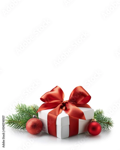 Fototapeta Christmas card with gift box and festive decoration isolated on white background, copy space
