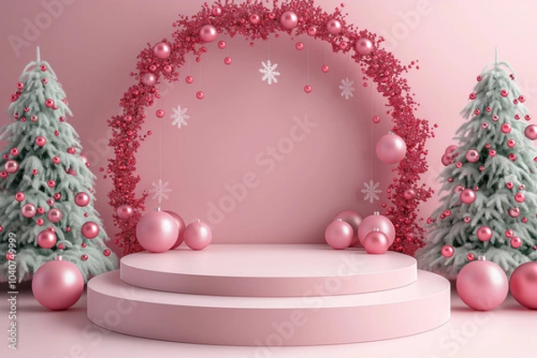 Fototapeta A pink and white Christmas scene with a pink archway and two pink trees