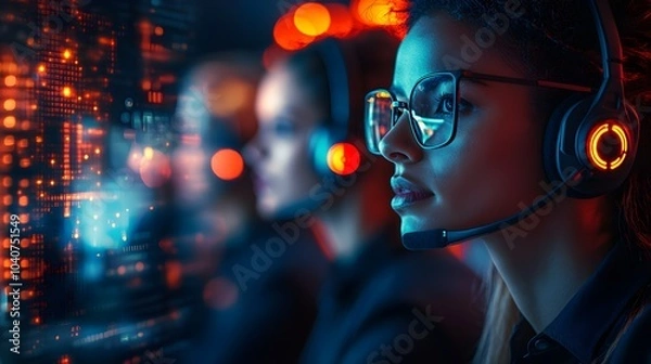 Fototapeta Futuristic call center team in a dynamic work environment, bold colors and abstract city lights in the background, representatives with headsets and tech panels