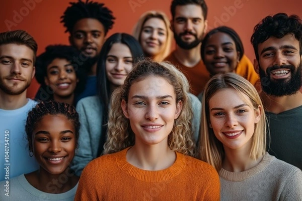 Fototapeta Diverse group of individuals smiling together under warm lighting, showcasing unity and friendship in a vibrant setting