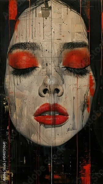 Fototapeta Close-up Portrait of a Woman with Red Lips and Eyes Closed