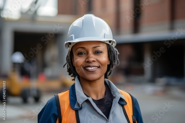 Fototapeta Smiling portrait of a middle aged businesswoman on construction site