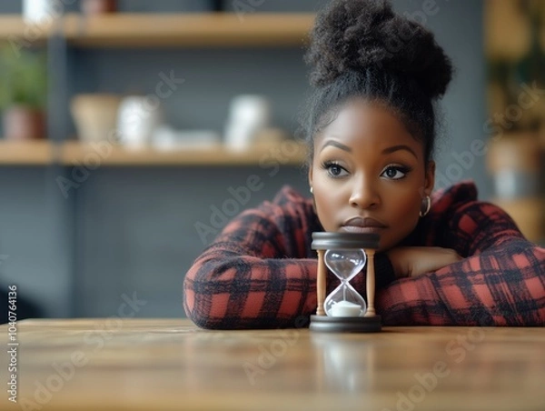 Fototapeta African american black woman worried on a table with an hourglass on it