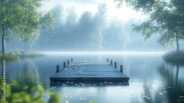 Fototapeta Serene dock extending into a misty lake surrounded by trees.