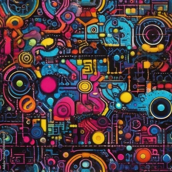Obraz A vibrant, abstract design featuring colorful and a dark background, creating a whimsical universe.