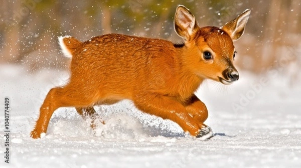 Obraz Energetic Fawn Leaping Through Snow Covered Forest in Winter