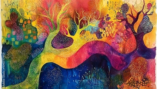 Fototapeta Hand-drawn abstract painting with vibrant color textures and patterns.