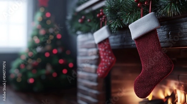 Fototapeta Cozy Christmas Fireplace with and Tree Lights in Festive Home Interior