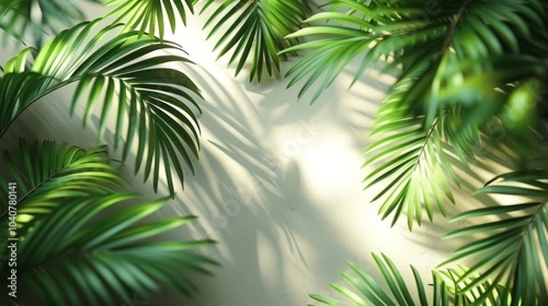 Fototapeta Palm Leaf Shadow on Light Cream Wall - Minimalistic Summer Background for Product Presentation
