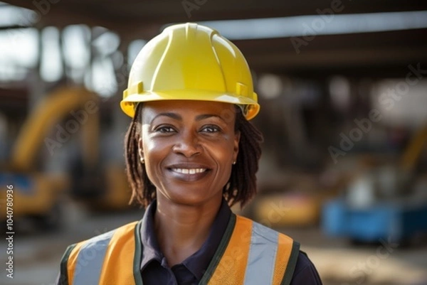 Fototapeta Smiling portrait of a middle aged businesswoman on construction site