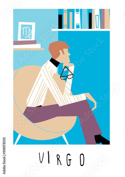 Fototapeta Virgo horoscope sign. A man sitting in the armchair with glasses in a hand.