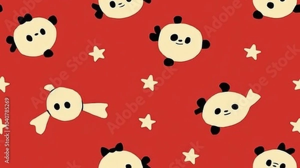 Fototapeta Seamless pattern with cute cartoon panda bears and stars on red background.